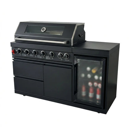 US Overseas Luxury Customized Black Stainless Steel 6-Burner Grill Outdoor Kitchen BBQ Island with Fridge for Custom Backyards