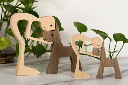 Family Puppy Wood Dog Craft Figurine Desktop Table Ornament Carving Model Home Office Decoration Pet Sculpture Christmas Gift