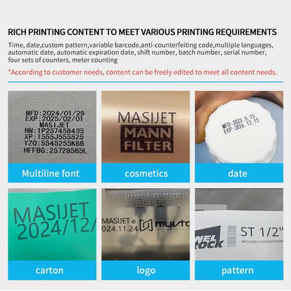 MASIJET Automatic TIJ 2.5 Inkjet Printer New Expiration Date for Batch Label and Plastic Bottle Coding Card Printer