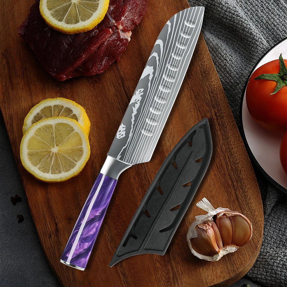 Ultra Sharp 7 Inch Santoku Knife Stainless Steel Blade Japanese Chef Knife with Colorful Resin Handle,Gift Box for Family