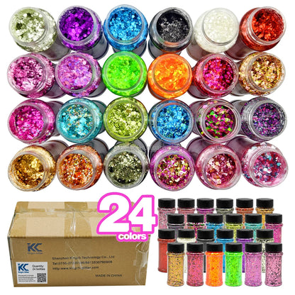Hot Selling Solvent Resistance Mixed Chunky Glitter Bulk Nail Mugs Crafts Polyester Glitter in 2oz 24 Colors in Shaker