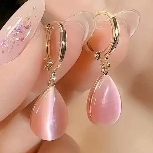 1 Pair Elegant Cat'S Eye Pendant Drop Earrings, Synthetic Synthetic Gemstone, Alloy, KC Golden Plated, for Women, Daily Wear