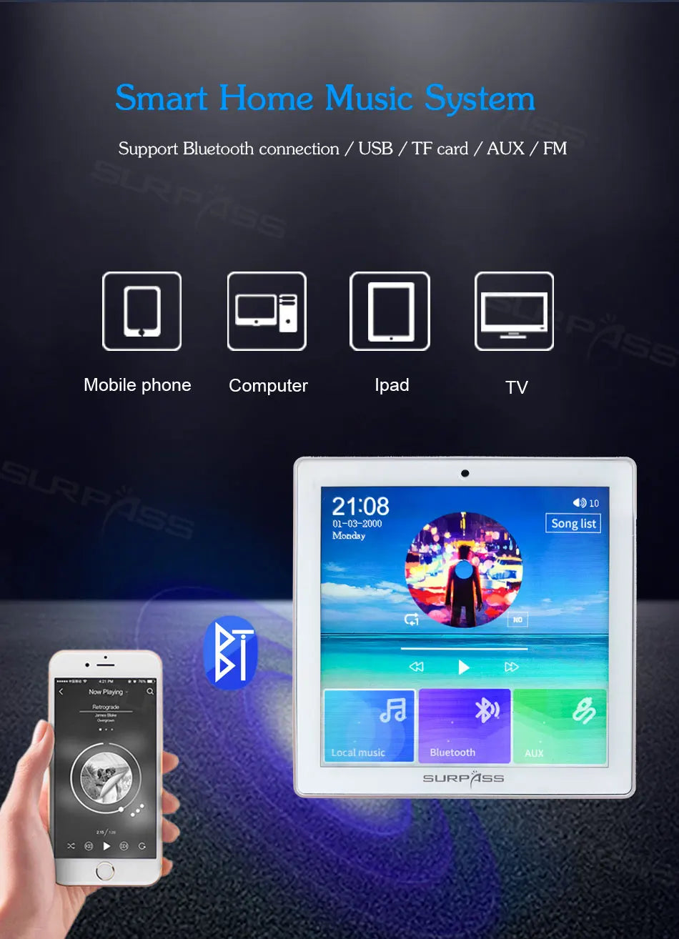Bluetooth Wall Amplifier Smart Home Audio Mini Touch Screen 4*20W Stereo Sound Music PA System Loudspeaker Ceiling Speaker  suit