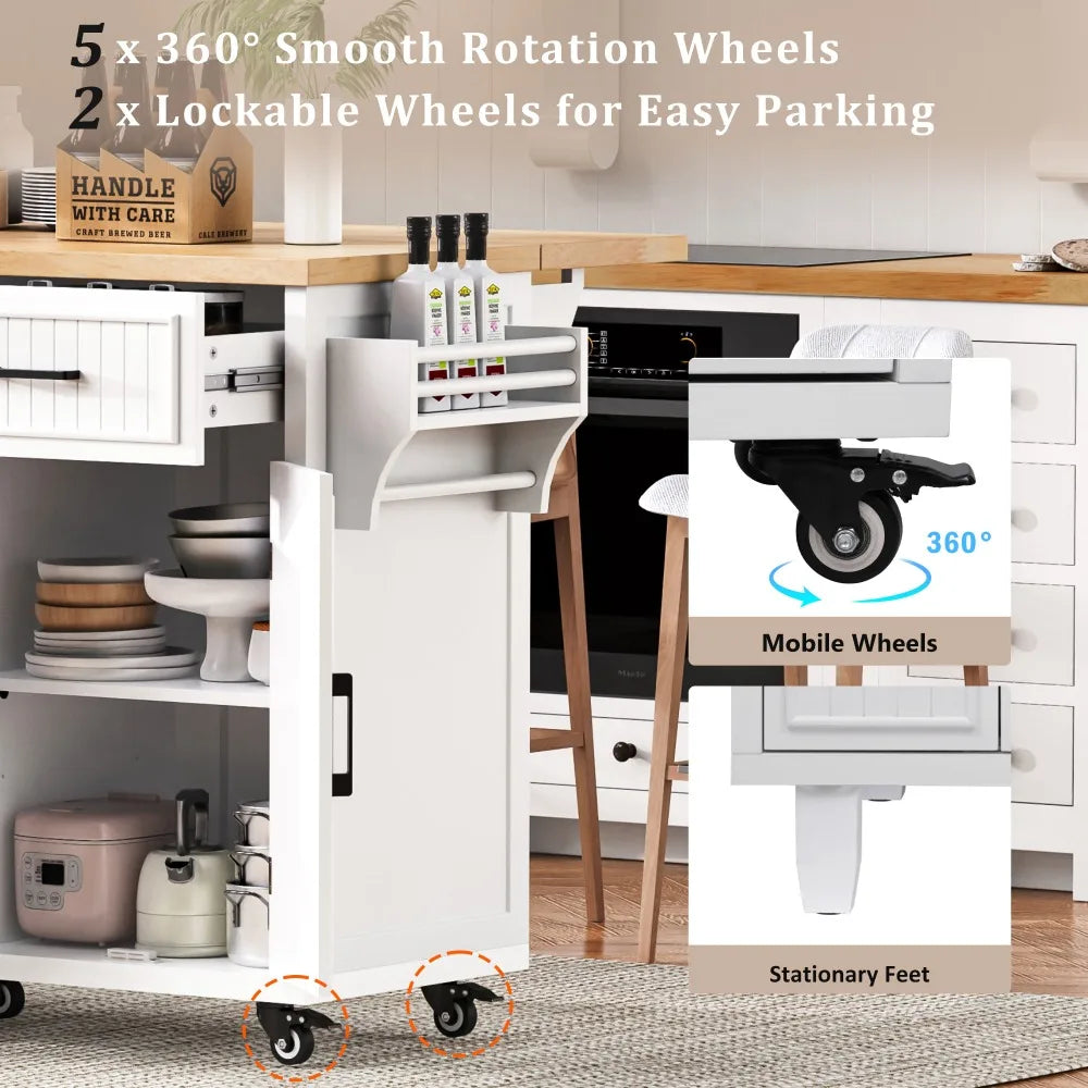 56.5'' Kitchen Island with Drop Leaf, Power Outlet, Embossed Vertical Stripe Rolling Kitchen Cart on Wheels