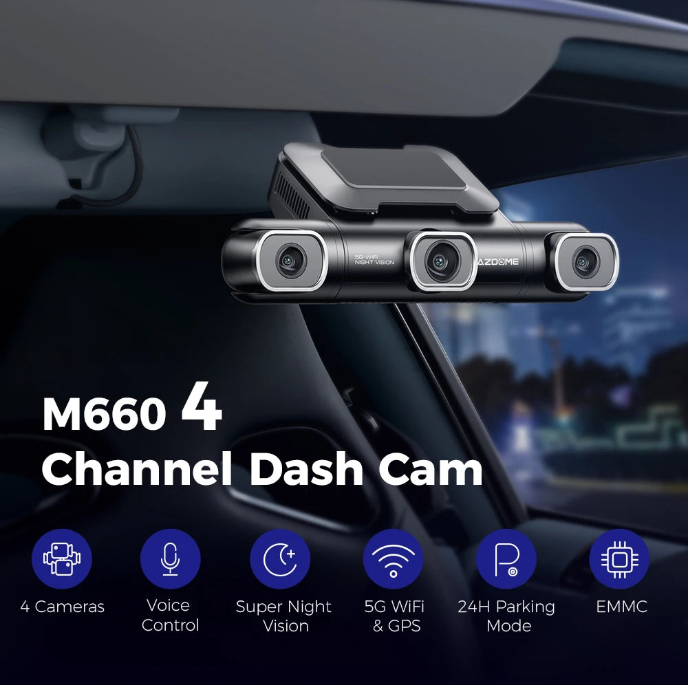 AZDOME Dash Cam M660 2K+3*1080P 4CH Car DVR GPS 5G Wifi Built-in 128GB EMMC Voice Control 24H Parking Monitor Super Night Vision
