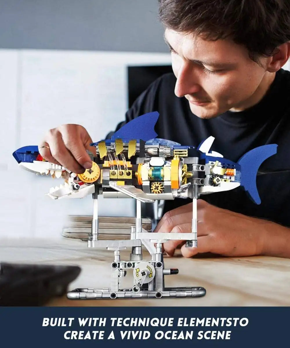 Half-mechanical Shark Building Block Movable Model, Boy with Lights, Punk-style Assembly Toy
