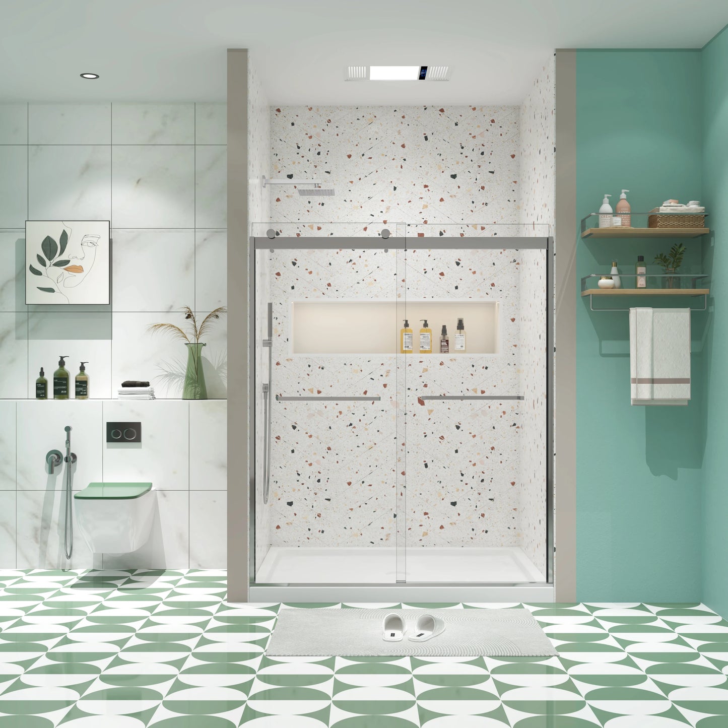 Polished Chrome Double Sliding Shower Door, 5/16" Nano-Coated Tempered Glass & 36K-Cycle Tested Hardware