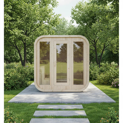In Stock & 10% OFF: Luxury 2M Canadian White Pine Cube Sauna - Steel & Glass Frame, Backyard Spa Retreat