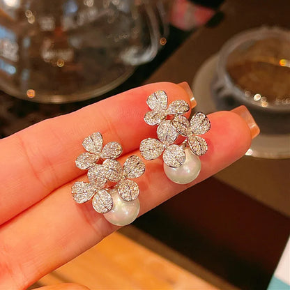 E3552 White Gold Flower Stud Earrings With Diamond Pav And Freshwater Pearl For Women Luxury Jewelry