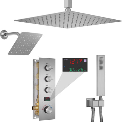 3 Functions Digital Display Thermostatic Shower System Brushed Nickel Brass Shower Set Rainfall Shower Faucet Set with Body Jets