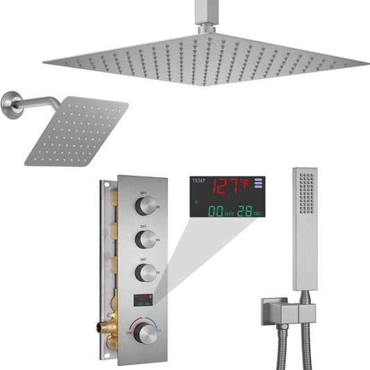 3 Functions Digital Display Thermostatic Shower System Brushed Nickel Brass Shower Set Rainfall Shower Faucet Set with Body Jets by PDG ibma