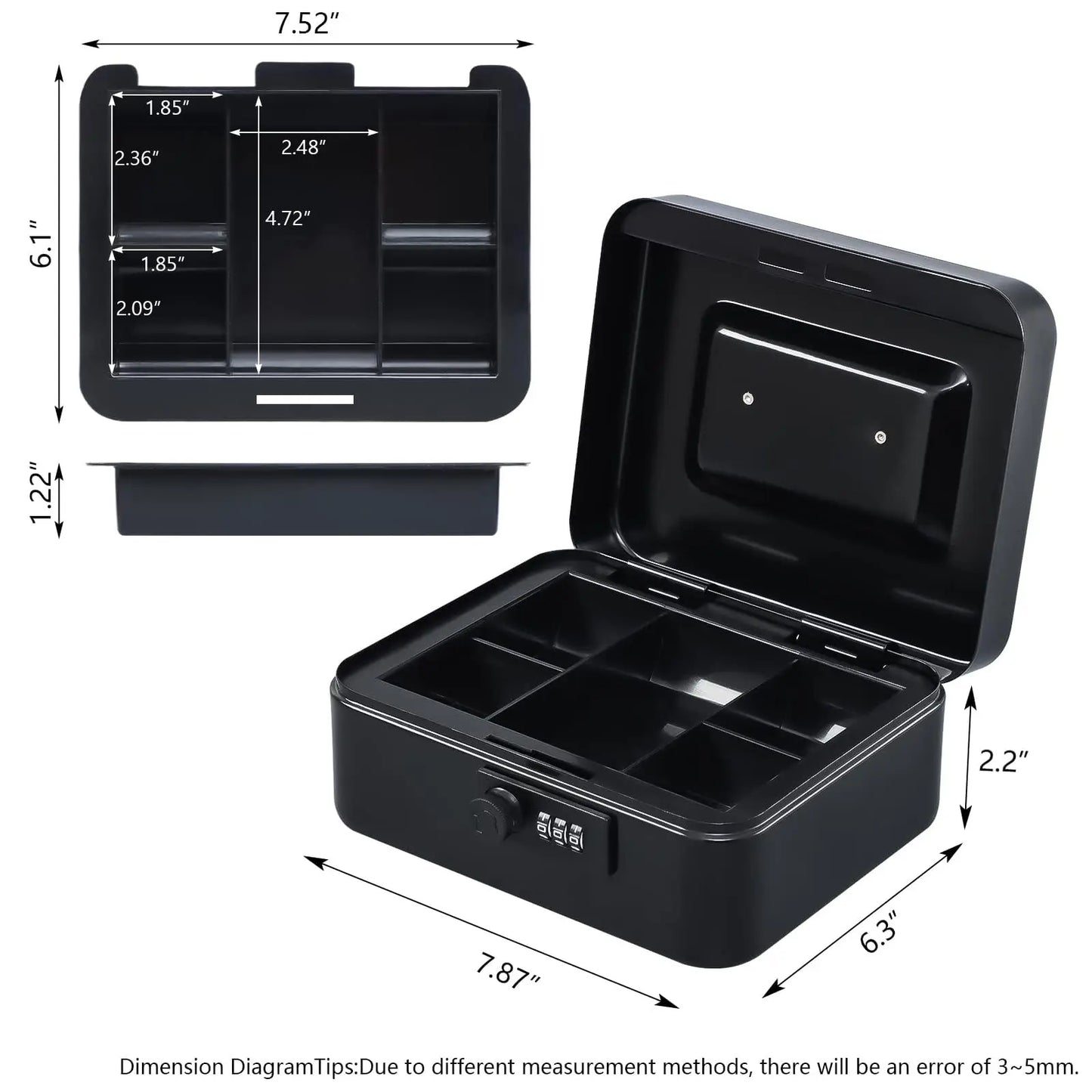 AJF Black Cold Rolled Steel Cash Safe Box Combination Lock Secure 7.87"x6.30"x3.54" Money Tray for Indoor/Outdoor Use Model