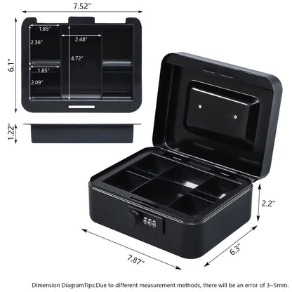 AJF Black Cold Rolled Steel Cash Safe Box Combination Lock Secure 7.87"x6.30"x3.54" Money Tray for Indoor/Outdoor Use Model