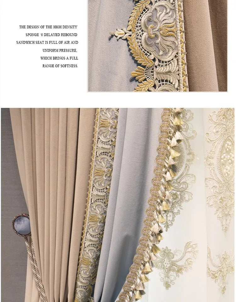 2025 Custom Curtain New Modern Luxury European Thick Velvet Embroidery Yarn Cloth Blackout Curtain for Living Room Bedroom