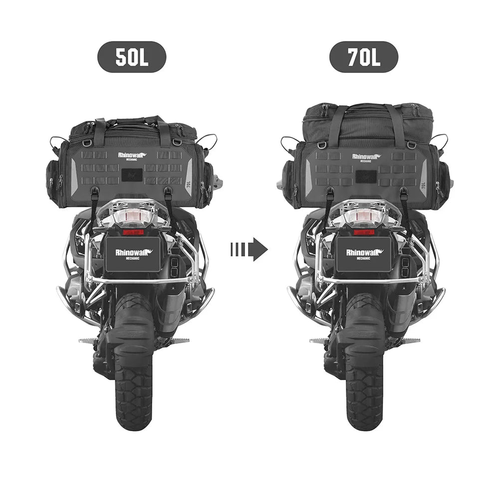 Rhinowalk Mechanic 50-70l Motorcycle Tail Seat Bag Pack Adventure Large Rear Luggages for ADV Long Distance Touring Saddlebag