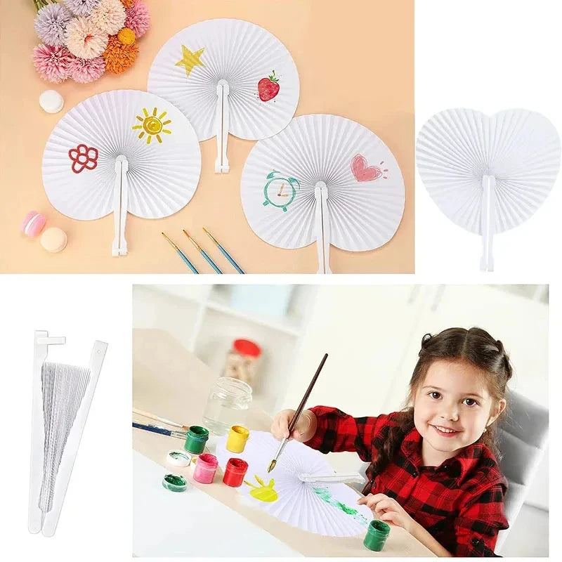 10pcs White Folding Fan Heart Shape Circular Blank Paper Hand Fans Wedding Outdoor Gatherings Party Birthday Wedding Decor