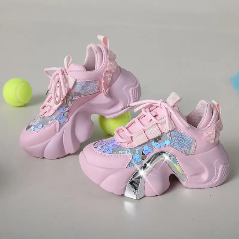 Pink Sequin Chaussures De Sport Trendy Women's Fashion Mujer Leather Sneakers Casual Shoes