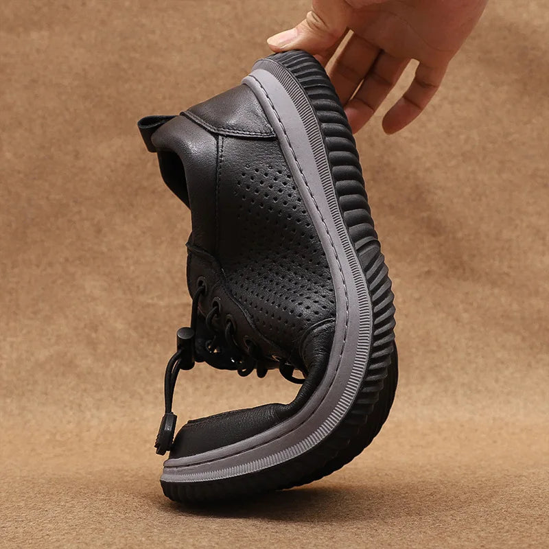 Men's Summer Breathable Leather Lace-up Round Toe Boat Shoes Solid Color EVA Midsole Rubber Outsole Casual Style