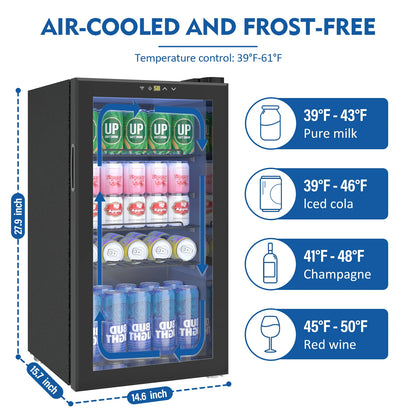 Beverage Refrigerator, 3.2 Cu.ft Mini Fridge with Glass Door, Adjustable Digital Temperature Control for Soda, Beer, Wine