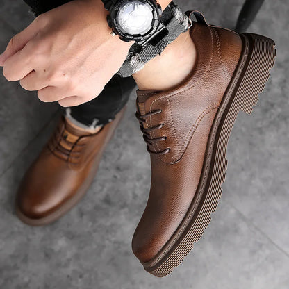 Men's British Style Leather Loafers Round Toe Anti Slip Rubber Sole Spring Casual Dress Shoes