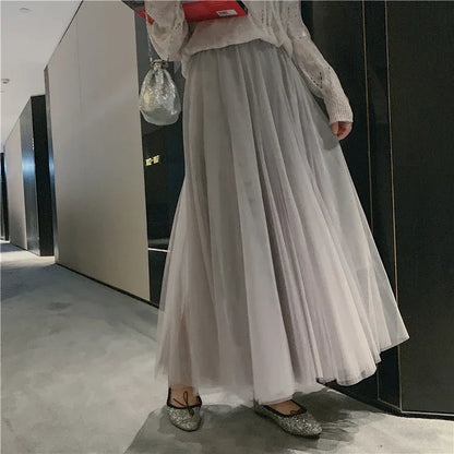 TingYiLi Elegant Tulle Skirt Autumn Winter Big Swing Women Skirt Korean Cute Pink Green Gray Blue Brown Black Long Skirt Tutu