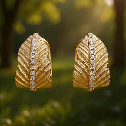 E4482 Golden Feather Stud Earrings With Round Crystal Channel Setting For Women Classic Fashion Jewelry