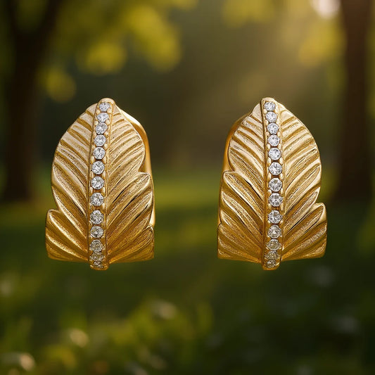 E4482 Golden Feather Stud Earrings With Round Crystal Channel Setting For Women Classic Fashion Jewelry