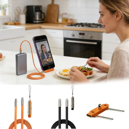 240W 2-in-1 Black/Orange Fast Charging Foldable Nylon Bracket Type-C to Type-C Data Cable with Phone/Tablet Stand for IOS