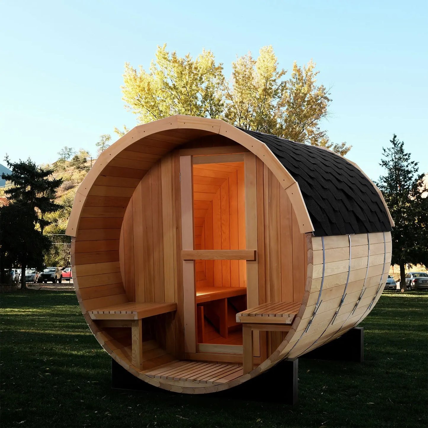 Luxury Outdoor Red Cedar Barrel Wooden 4 Person Sauna Room Waterproof Outdoor Steam Sauna with Electric Stove