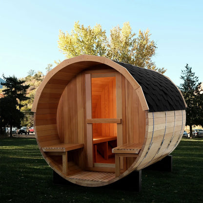 Luxury Outdoor Red Cedar Barrel Wooden 4 Person Sauna Room Waterproof Outdoor Steam Sauna with Electric Stove