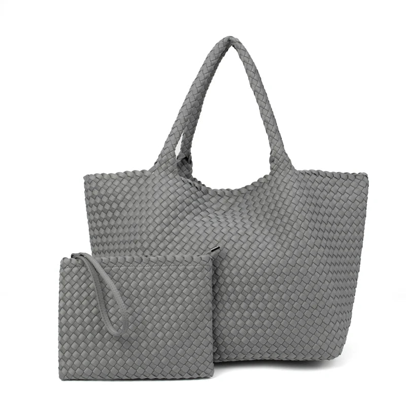 2 Pcs Set Fashion Casual Shoulder Waterproof Lady Woven Purse Hobo Women Neoprene Tote Bag Large Capacity Patchwork Handbag