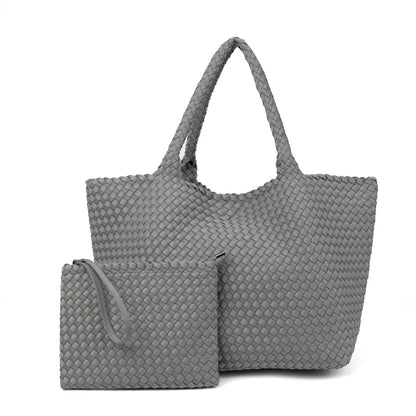 2 Pcs Set Fashion Casual Shoulder Waterproof Lady Woven Purse Hobo Women Neoprene Tote Bag Large Capacity Patchwork Handbag