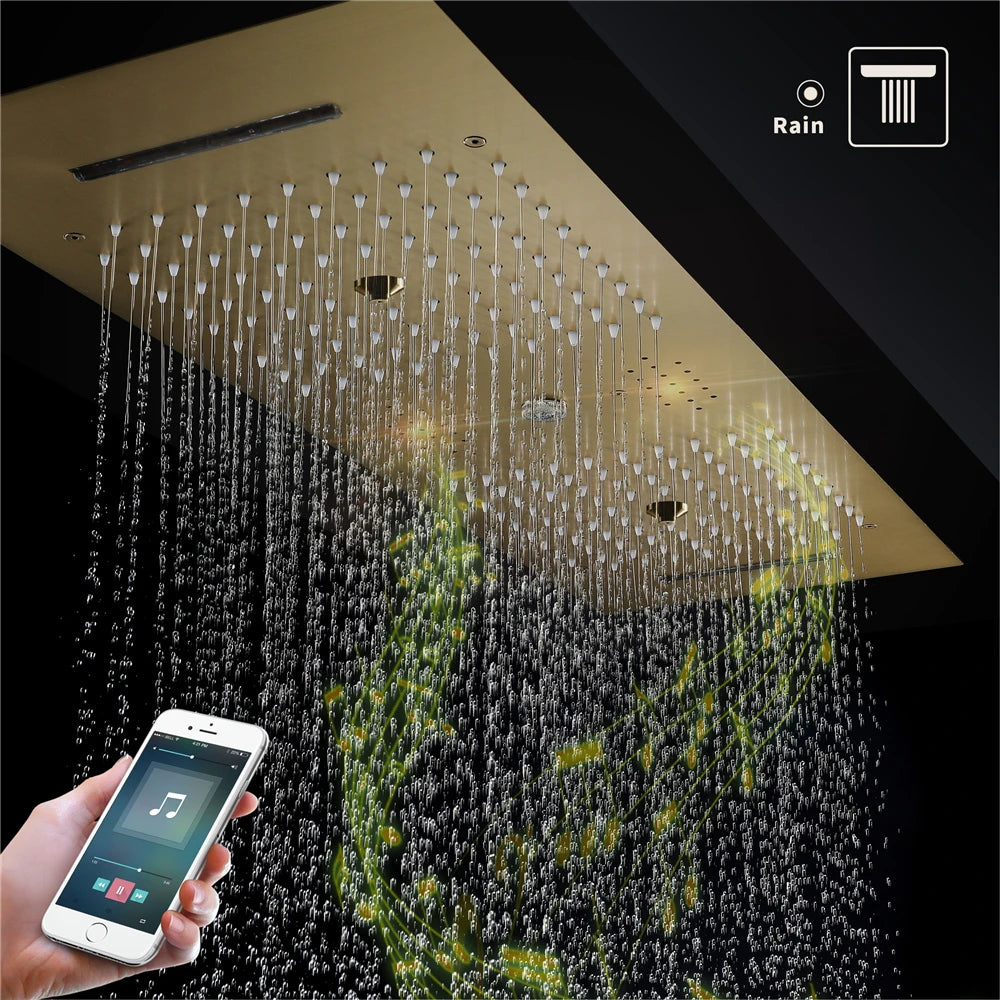 Brushed Gold Brass 36*12inch Music Led Water Column Rain&Waterfall Shower Head Temperature Display Touch Control Apartment