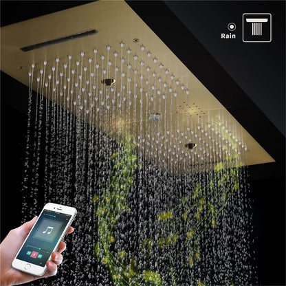 Brushed Gold Brass 36*12inch Music Led Water Column Rain&Waterfall Shower Head Temperature Display Touch Control Apartment