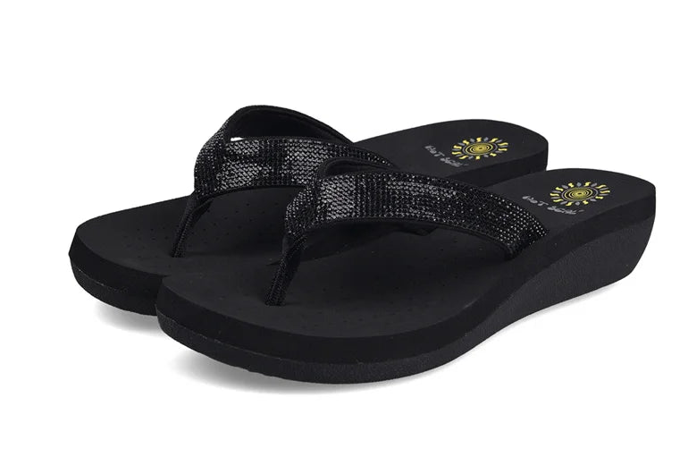 Best Selling Womens Slides Quality Rhinestone Slope Heel Flip-flops Non-slip Elastic Insoles Korean Fashion Summer Sandals
