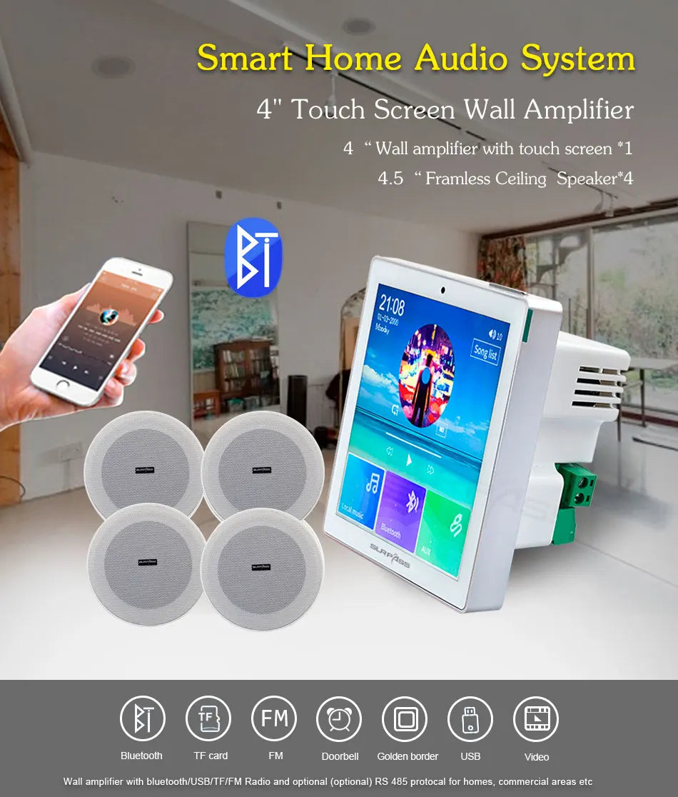 Bluetooth Wall Amplifier Smart Home Audio Mini Touch Screen 4*20W Stereo Sound Music PA System Loudspeaker Ceiling Speaker  suit