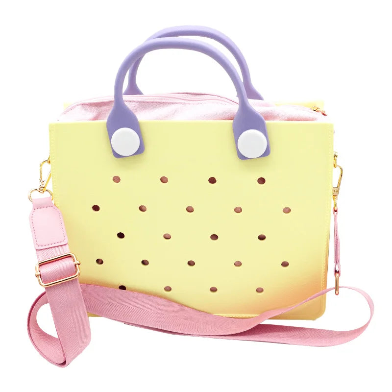 Lightweight Perforated Reusable EVA Handbag Black Women's Tote Bags for Women & Girl with Shoulder Strap for Beach & College