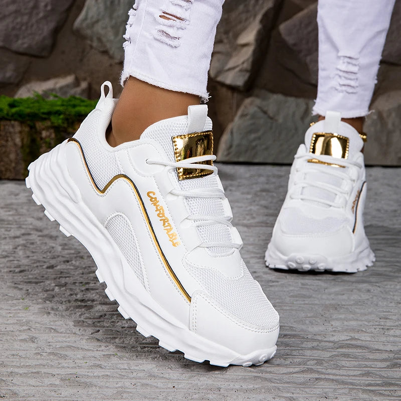Rubber Outsole Lace up Womens Breathable Walking Style Sports Gym Jogging Tennis Fitness White Shoes Sneakers for Women