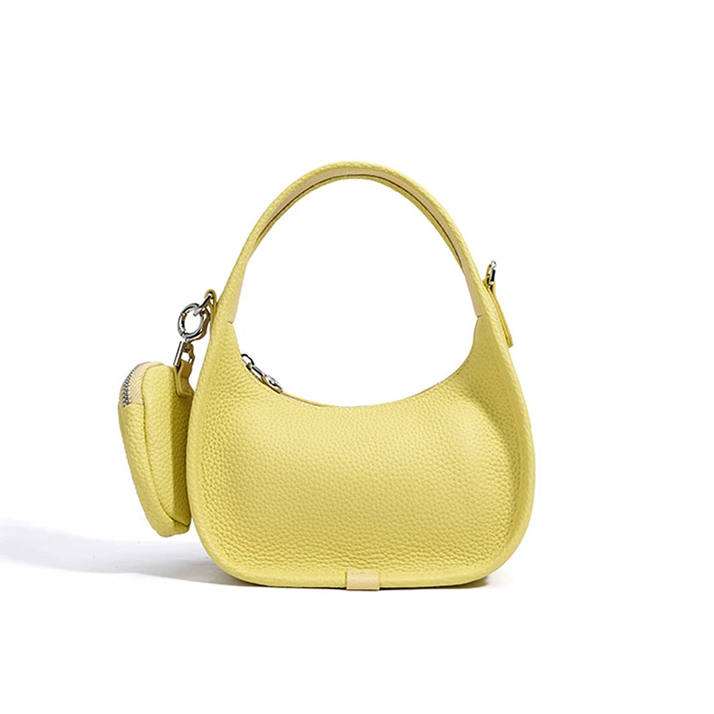 Genuine Cowhide Leather Ladies Shoulder Bag Fashionable Underarm Saddle Handbag Zipper Closure Crescent-Shaped Design for Women