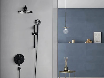 FLG Matte Black Bathroom Stainless Steel Shower Hot and Cold  in High Pressure Rainfall Wall Mount Concealed Shower Set