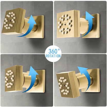 6-Piece 2-Function Square Rainfall Shower Set Brushed Brass Finish Wall-Mounted Contemporary Design High Pressure Thermostatic