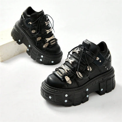 Punk Style Women's Black Shoes Rock Metal Decor Lace-up Platform Shoes Gothic Man's Leather Boots