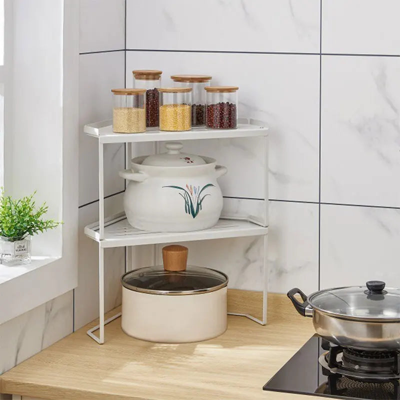 2 Tier Corner Countertop Organizer Stackable Save Space Storage Shelf Pot Spice Rack Under the Sink Holder for Kitchen Bathroom