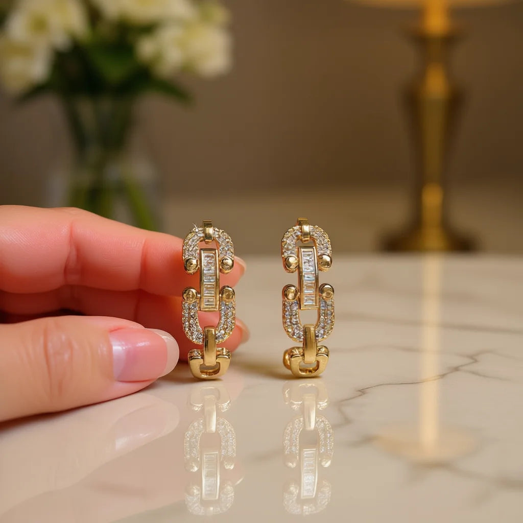 E2443 Gold Plated Huggie Earrings With Crystal Rhinestone Lock Design For Women Trendy Everyday Wear