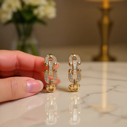 E2443 Gold Plated Huggie Earrings With Crystal Rhinestone Lock Design For Women Trendy Everyday Wear
