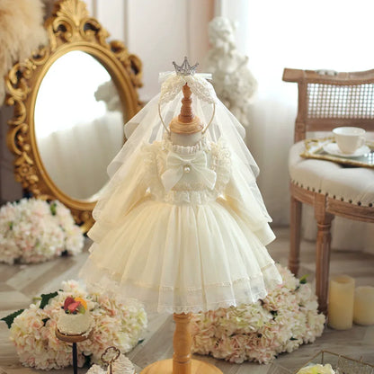 Girls Sweet and Lovely Ball Gown Princess Dress with Long Sleeves and Gauze Skirt Formal Style Baby Outfit Including Headbands