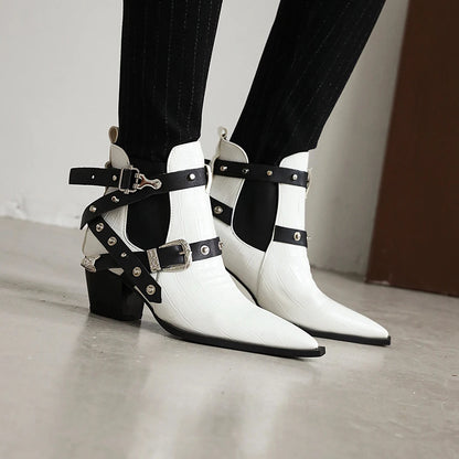 Motorcycle Western Cowboy Boots Women Snake PU Leather Short Cossacks High Heels Pointed Cowgirl Booties Buckle Womens Shoes