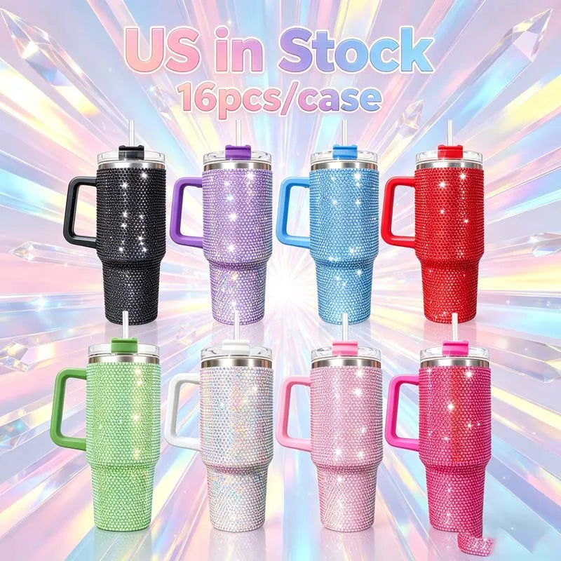 Us Warehouse 40 OZ Rhinestones Bling Easy Clean Drinkware Stainless Steel Tumbler 40 OZ for Home Office Outdoor Daily Use