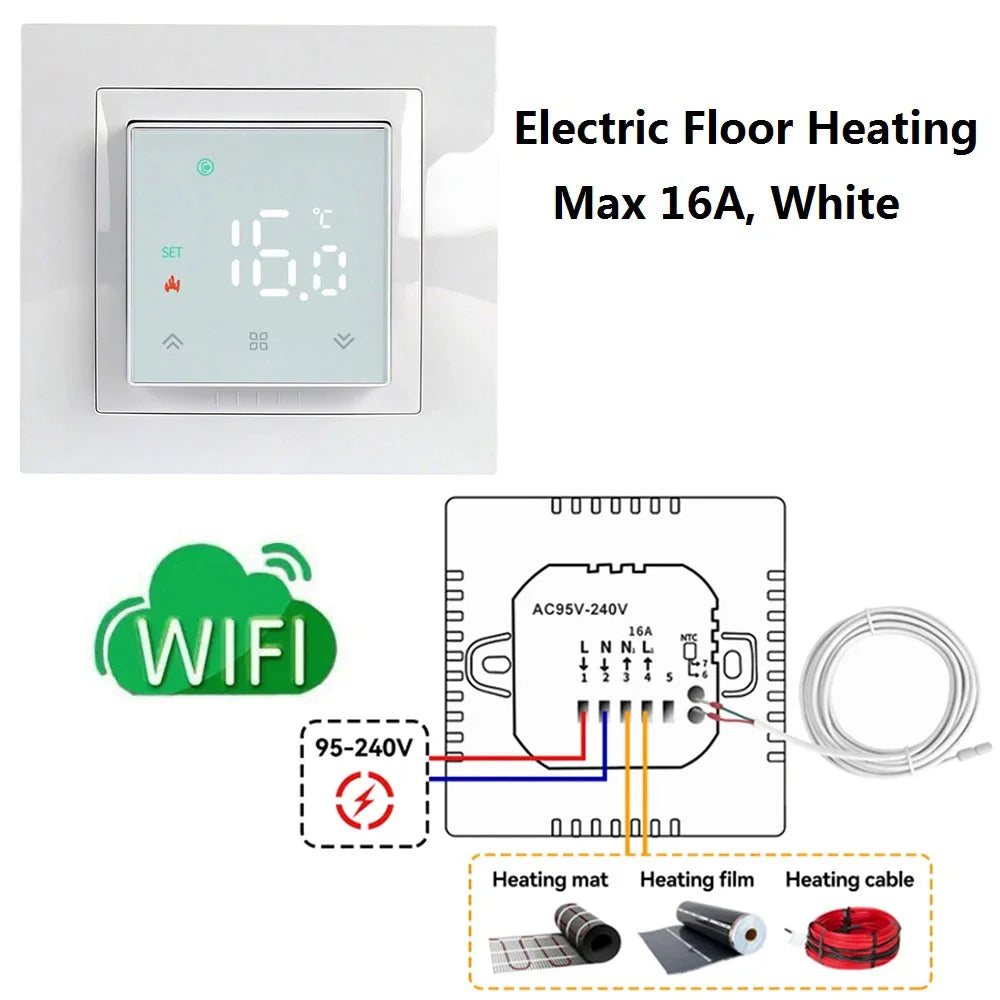 Room Thermostat Square Convex LCD Panel Child Lock Floor Heating System Programmable Smart WIFI Thermostat