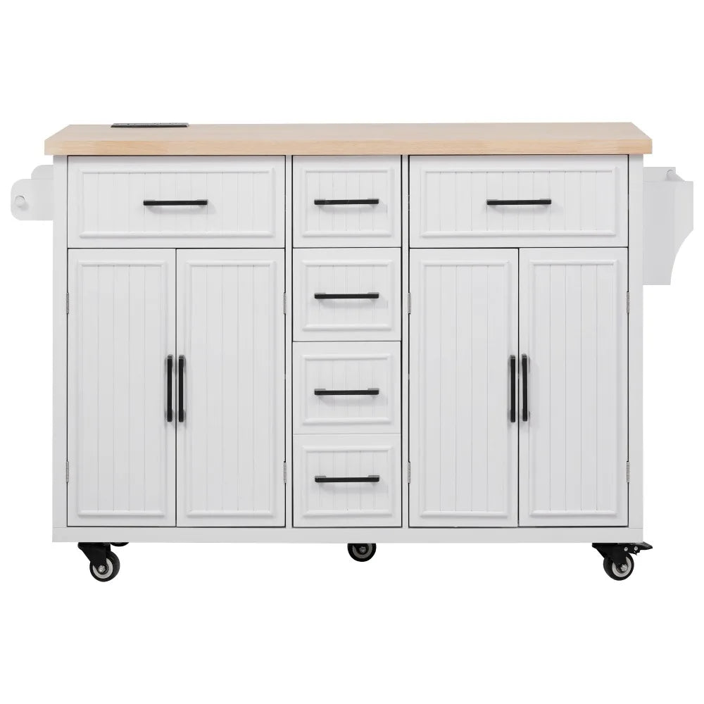 56.5'' Kitchen Island with Drop Leaf, Power Outlet, Embossed Vertical Stripe Rolling Kitchen Cart on Wheels